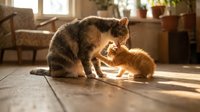 Adult tabby cat with brown and black striped markings interacting with small ginger kitten on wooden floor in sunlit living room with furniture and houseplants.