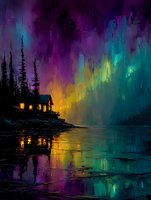 Vibrant northern lights illuminate night sky over lakeside cabin, creating colorful reflections on water surface with silhouetted pine trees.