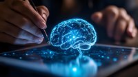 Futuristic digital brain hologram emerging from tablet screen while hands work on device, representing artificial intelligence and machine learning technology.