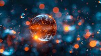 Glowing crystal sphere floating in magical blue and orange bokeh background with light particles and sparkles creates mystical atmosphere.