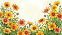 Watercolor cosmos flowers border frame with orange and yellow blooms on cream background for greeting cards, invitations and decorative designs.