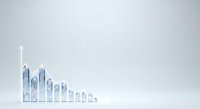 Descending bar chart made of transparent blue glass bottles arranged in decreasing height order on white background, representing data visualization, business analytics, financial decline, market trends, and statistical analysis for corporate presentations.