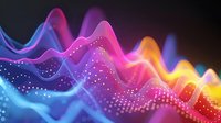 Abstract digital wave visualization with vibrant gradient colors from blue to purple and orange, featuring particle effects and dynamic flowing motion perfect for technology backgrounds.