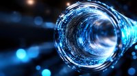Glowing blue digital tunnel with binary code and light effects on dark background, representing data transfer and cyber security technology concept.