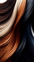 Smooth flowing strands of hair in different colors - brown, blonde, copper red, and black - creating an abstract wavy pattern against dark background.