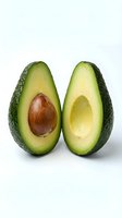 Halved avocado with pit and flesh displayed side by side on white background, showcasing fresh produce for culinary, nutrition, and healthy eating content.