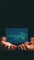 Hands holding glowing digital tablet displaying musical notes and sound waves with rain effect, representing music streaming, audio technology, and digital entertainment for apps and websites.
