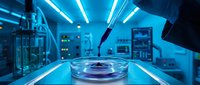 Pipette dispensing sample into petri dish in modern laboratory with blue neon lighting and scientific equipment for research and development.
