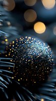 Dark blue Christmas ornament covered with golden glitter sparkles against blurred bokeh lights background for festive holiday decorations.