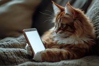 Fluffy ginger Maine Coon cat lying on cozy blanket holding smartphone with blank screen, perfect for technology and pet lifestyle content.