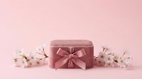 Pink gift box with satin ribbon bow surrounded by delicate cherry blossom branches on soft pink background for romantic occasions and celebrations.