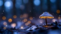 Glowing magical mushroom in dark forest with bokeh lights and sparkles at night, mystical nature scene with luminescent fungus on mossy ground.