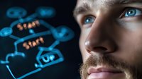 Young Caucasian businessman with blue eyes and beard looking at glowing startup business flowchart with innovation concepts for entrepreneurship presentations.