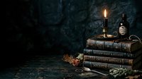 Stacked antique books with burning candle, vintage bottle, and dried flowers on dark moody background. Suitable for gothic, literary, and vintage design projects.