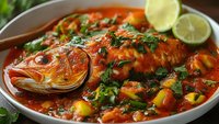 Whole fish cooked in rich tomato sauce with herbs and vegetables, garnished with fresh lime. Traditional Mediterranean seafood dish in ceramic pan.