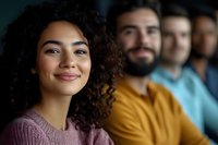 Young mixed race woman with curly hair and warm smile in purple sweater leading diverse group of millennial professionals in casual office setting.