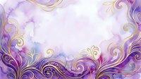 Elegant purple and gold watercolor swirls with ornamental flourishes on white background, suitable for invitations, cards, and design projects.