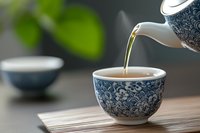 Pouring hot green tea into traditional Asian ceramic cup with blue and white floral pattern. Blurred background with bamboo mat creates serene atmosphere.