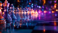 Glass chess pieces on reflective surface with vibrant purple and orange bokeh lights creating magical atmosphere for strategic game concepts and business planning.