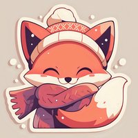 Cute kawaii fox character wearing winter hat and scarf, smiling with closed eyes. Sticker design isolated on beige background for digital art and merchandise.