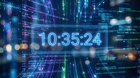 Digital countdown timer displaying 10:35:24 with glowing neon effects and streaming data code background for technology presentations and cyber concepts.