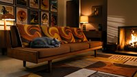 Mid-century modern living room with warm orange and brown tones, featuring a vintage sofa with geometric patterned pillows, fireplace, and retro lighting fixtures for interior design inspiration.