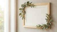 Wooden frame with eucalyptus and olive branches arranged on beige wall near window, blank space for text, home decor and design projects.