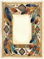 Ornamental frame with feathers and geometric patterns in warm earth tones and jewel colors, featuring decorative border design with blank center space for text or content placement.