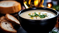 Creamy potato soup garnished with fresh rosemary and olive oil in black ceramic bowl, served with crusty bread slices against dark moody background with glowing lights.