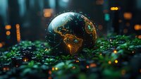 Glowing digital Earth hologram showing Americas continent among green leaves with bokeh lights in dark background, environmental concept.