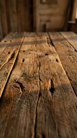 Rustic weathered wooden table surface with natural grain texture and vintage planks in warm brown tones, blurred background for product display mockups.