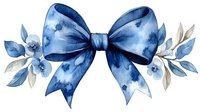 Watercolor navy blue bow with delicate floral elements and leaves in soft blue tones, isolated on white background for design projects and decorative use.