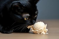 Black cat with bright yellow eyes licking vanilla ice cream scoop on wooden surface against dark background, creating humorous and endearing moment.