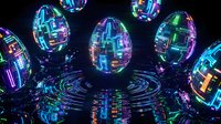 Futuristic digital eggs with glowing circuit patterns floating above rippling water surface in cyberpunk neon colors for technology and innovation concepts.
