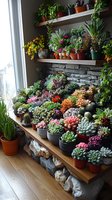 Diverse collection of colorful succulent plants and cacti arranged on wooden shelves with stone accents near window, creating vibrant indoor garden display.