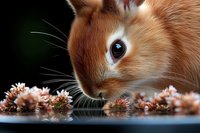 Close up portrait of ginger rabbit sniffing pink spring flowers against dark background, showing detailed whiskers and bright blue eye in soft natural lighting.