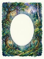 Enchanted forest frame with ornate oval border, magical trees, lanterns and fairy tale castle background for fantasy designs and storytelling projects.
