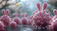 Pink coronavirus cell structure with bunny ears in playful artistic interpretation against blurred background showing multiple similar forms in soft focus.