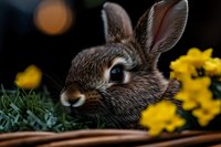 Young brown rabbit in wicker basket surrounded by fresh grass and yellow spring flowers, close-up portrait showing detailed fur texture and bright eye.