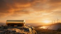 Metallic battery resting on rocky terrain with wind turbines and solar panels visible at sunset, symbolizing renewable energy and sustainable power solutions for environmental conservation.