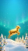 Golden leaping reindeer against turquoise winter sky with snowflakes, snow-covered evergreen trees and golden ornaments. Holiday festive background for seasonal marketing and celebrations.