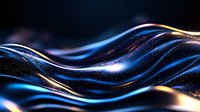 Abstract flowing waves with glowing blue and gold light effects on dark background create dynamic motion and energy for technology and luxury designs.