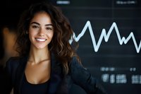 Young Hispanic businesswoman with curly hair and bright smile wearing black blazer against financial chart background. Professional corporate portrait.