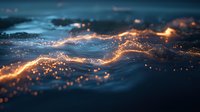 Glowing orange light trails flow across dark blue waves creating magical ethereal effect, abstract background with luminous particles and motion blur.