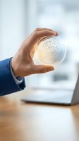 Businessman hand holding glowing digital gear mechanism symbol representing innovation, technology solutions and business process optimization in modern office.