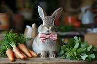 Adorable gray rabbit wearing red gingham bow tie sits next to fresh carrots and leafy greens on rustic wooden table, creating charming farm-to-table scene.