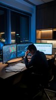 Stressed businessman analyzing financial data on multiple monitors during late night trading session in modern office with city view.