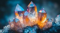Glowing orange and blue crystal cluster formation with magical ethereal light, natural mineral structure against dark background, mystical gemstone macro photography.