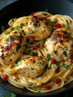 Seared chicken breast with creamy herb pasta in cast iron skillet. Gourmet dinner with parsley, red peppers and golden linguine for restaurant menu design.