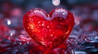 Shiny red glass heart with water droplets on dark background, romantic symbol for Valentine's Day cards and love concepts.